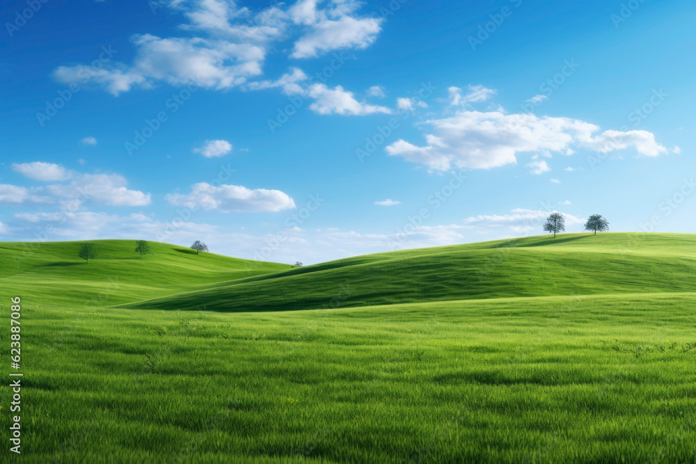 Beautiful green field with cloudy sky. Generative AI