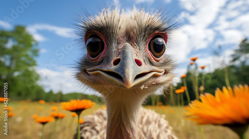 portrait of an ostrich looking at the camera, with flowery background, closeup