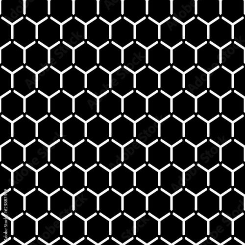 Repeated black interlocking regular hexagons tessellation background. Seamless surface pattern design with bee combs. Hexagonal grid motif. Honeycomb wallpaper. White three pronged blocks. Vector art.