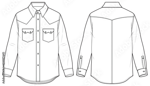 Men's Long sleeve denim shirt flat sketch illustration front and back view, double patch pocket long sleeve shirt for casual wear fashion illustration template mock up