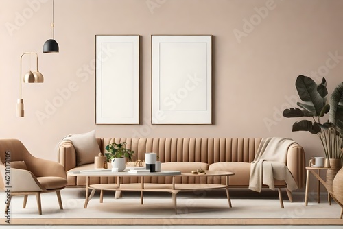 Step into a living room interior that exudes elegance and creativity, featuring an empty wall with a horizontal poster mockup. Ai generated