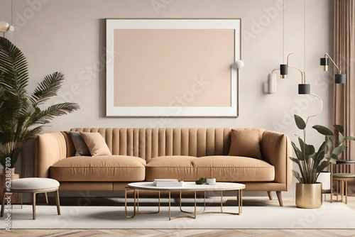 Step into a living room interior that exudes elegance and creativity, featuring an empty wall with a horizontal poster mockup. Ai generated