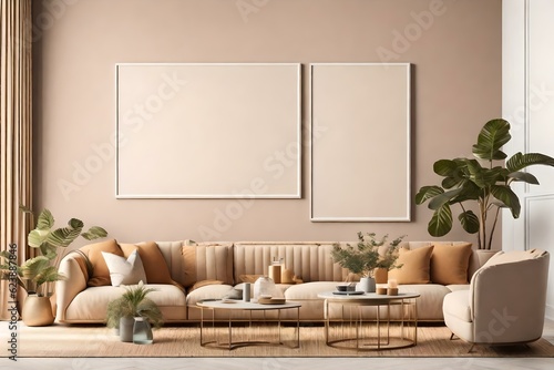 Step into a living room interior that exudes elegance and creativity, featuring an empty wall with a horizontal poster mockup. Ai generated