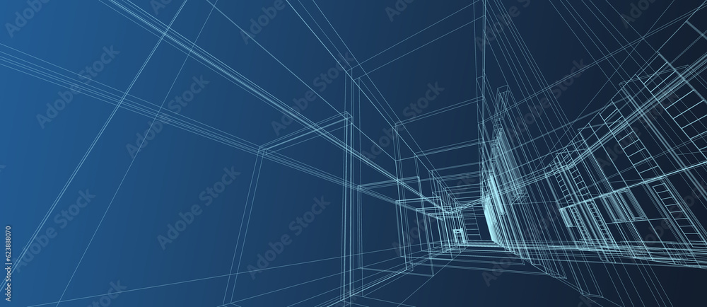 Smart Building Automation Futuristic 3D Wireframe Interior, Digital Technology Abstract on Blue Background