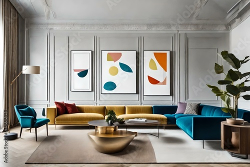 Step into a living room interior that exudes elegance and creativity, featuring an empty wall with a horizontal poster mockup. Ai generated