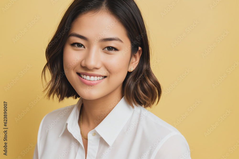 Woman wearing white shirt, smiling, on yellow background. Generative AI