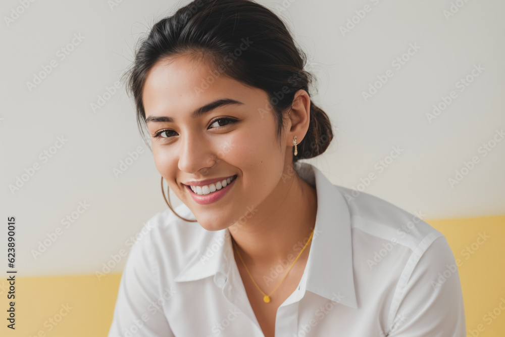 Woman wearing white shirt, smiling, on yellow background. Generative AI Woman wearing white shirt, smiling, on yellow background. Generative AI