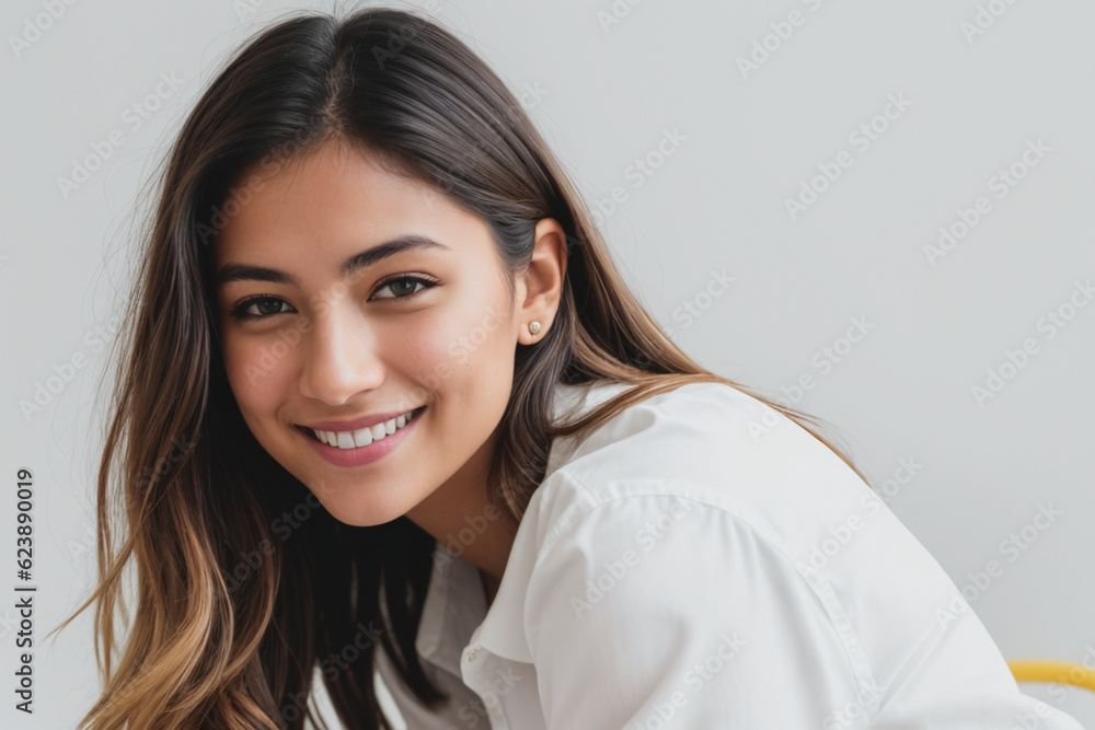 Woman wearing white shirt, smiling, on yellow background. Generative AI Woman wearing white shirt, smiling, on yellow background. Generative AI