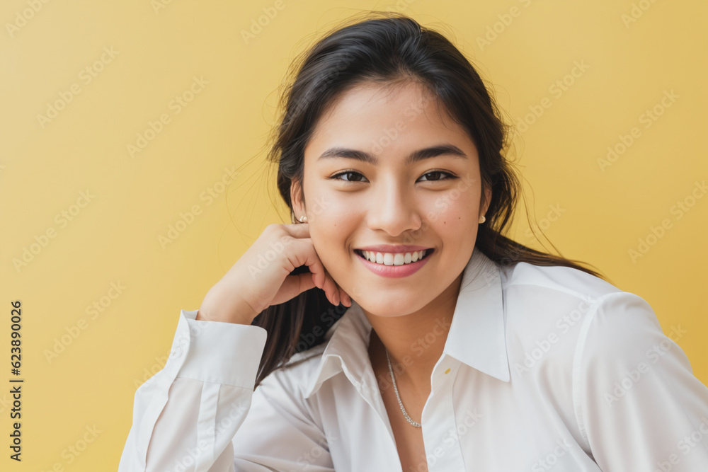 Woman wearing white shirt, smiling, on yellow background. Generative AI Woman wearing white shirt, smiling, on yellow background. Generative AI