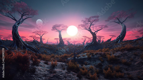 Crooked trees growing in a dry climate of an alien planet, in dim red light. Extraterrestrial landscape. Digital illustration.