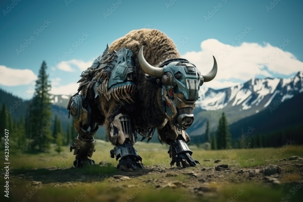 Robot bison in the nature. Generative AI art Robot bison in the nature. Generative AI art