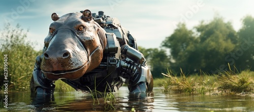 Robot hippo in the nature. Generative AI art