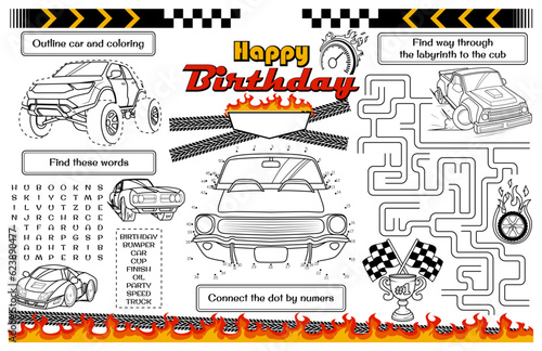 Festive placemat for children. Print out a car-themed "Happy Birthday" sheet for boys with a maze, word search, and coloring page. 17x11 inch printable vector file