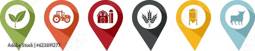 Set of coloured pins with pictograms illustrating agriculture, on a transparent background in PNG format