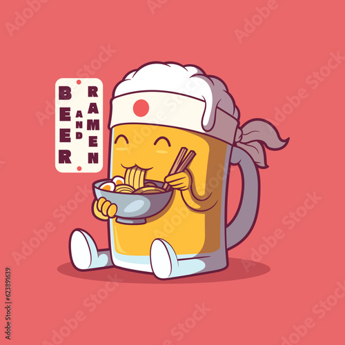 Beer character eating a ramen bowl vector illustration. Food, drinks, brand design concept.