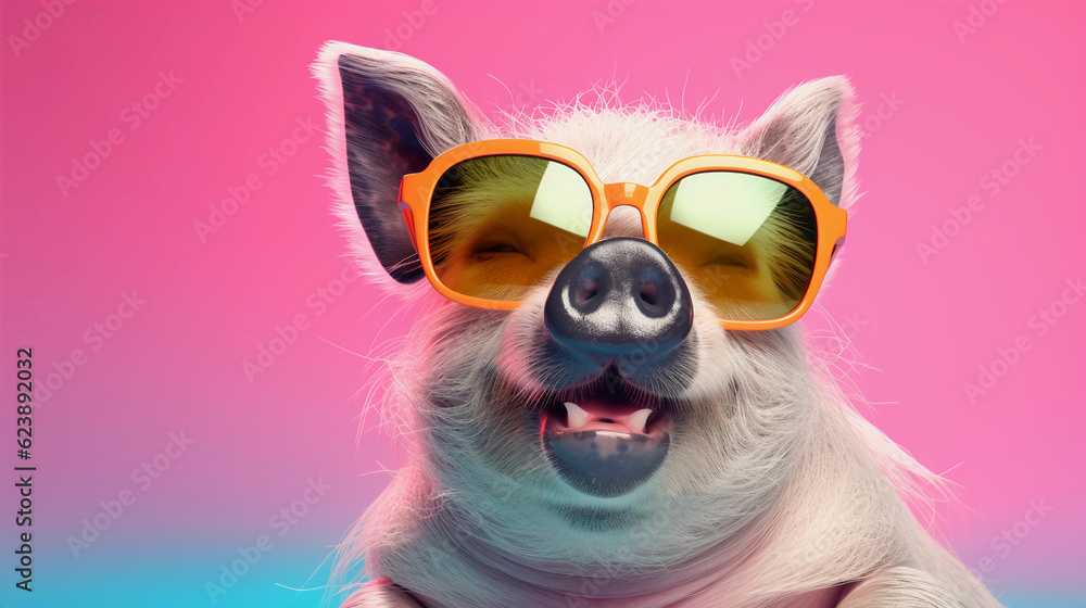 Funny and colorful Pot-bellied pig with sunglasses and a colorful and bright background. Summer vacation concept. generative ai