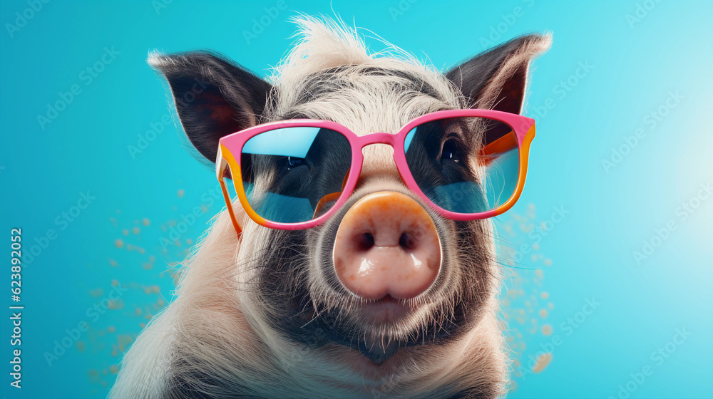 Funny and colorful Pot-bellied pig with sunglasses and a colorful and bright background. Summer vacation concept. generative ai