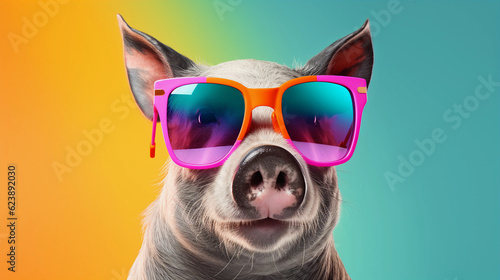 Funny and colorful Pot-bellied pig with sunglasses and a colorful and bright background. Summer vacation concept. generative ai © cwiela_CH
