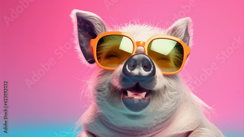 Funny and colorful Pot-bellied pig with sunglasses and a colorful and bright background. Summer vacation concept. generative ai photo