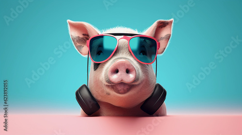 Funny and colorful Pot-bellied pig with sunglasses and a colorful and bright background. Summer vacation concept. generative ai