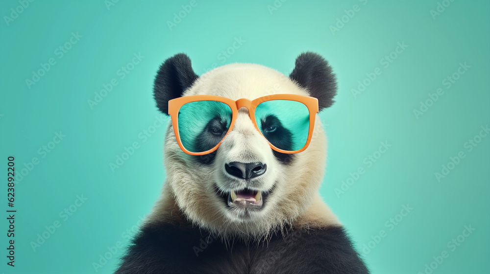 Fototapeta premium Funny and colorful Panda bear with sunglasses and a colorful and bright background. Summer vacation concept. generative ai