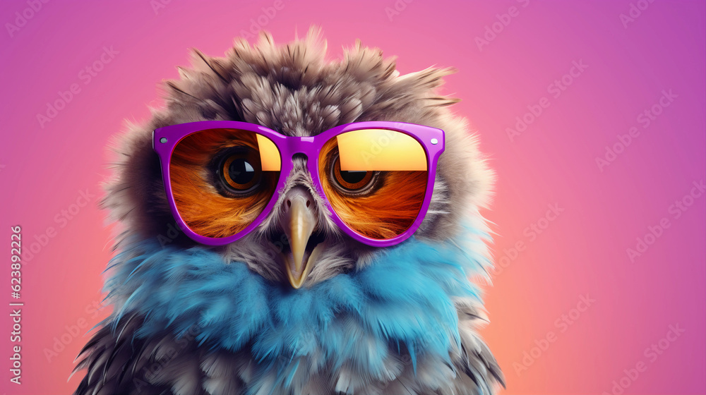 Fototapeta premium Funny and colorful Owl with sunglasses and a colorful and bright background. Summer vacation concept. generative ai