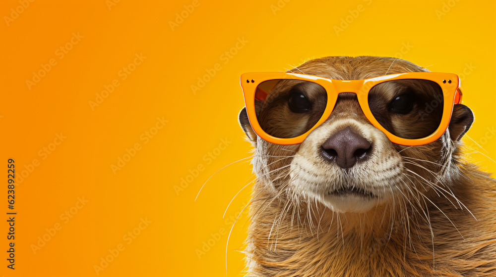 Funny and colorful Otter with sunglasses and a colorful and bright background. Summer vacation concept. generative ai