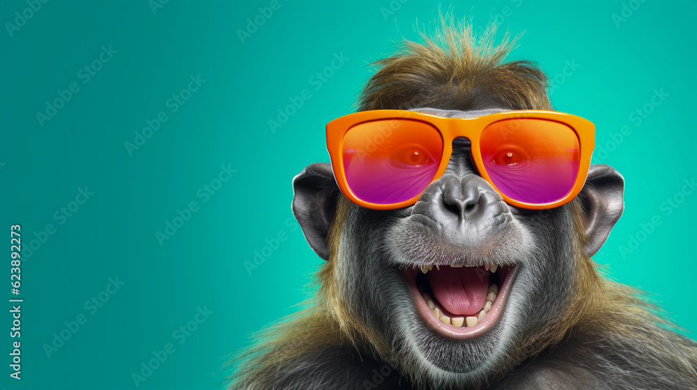 Funny and colorful Monkey with sunglasses and a colorful and bright background. Summer vacation concept. generative ai