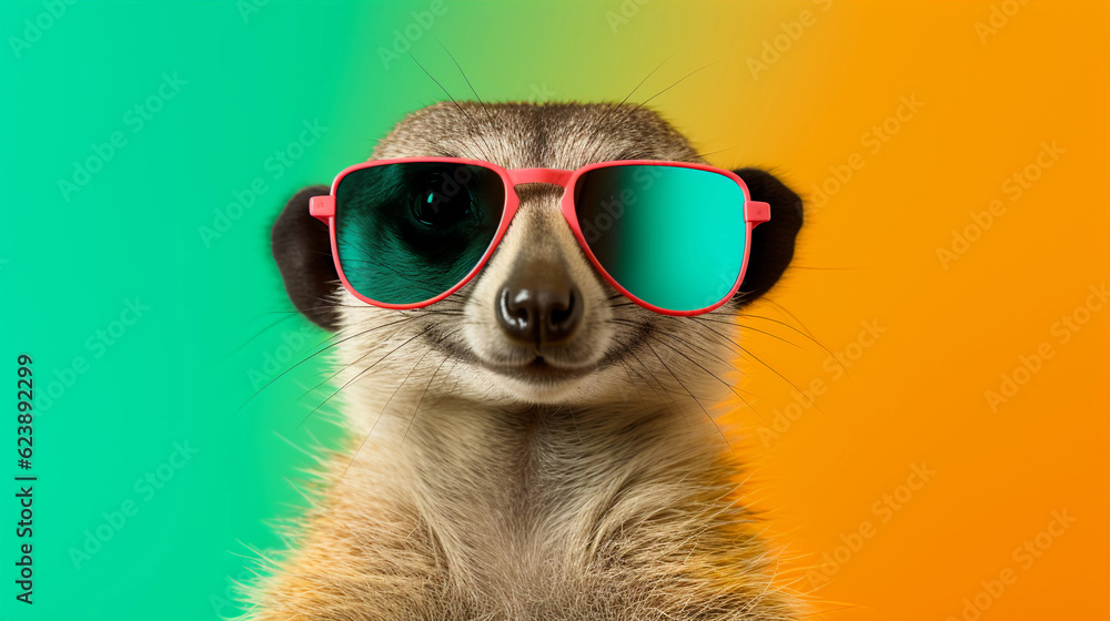 Funny and colorful Meerkat with sunglasses and a colorful and bright background. Summer vacation concept. generative ai