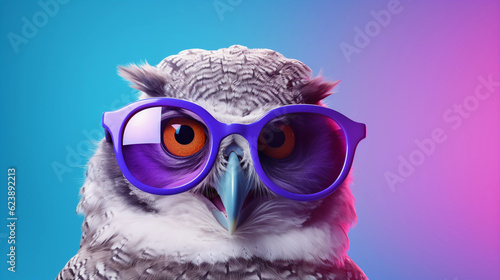 Funny and colorful Owl with sunglasses and a colorful and bright background. Summer vacation concept. generative ai © cwiela_CH