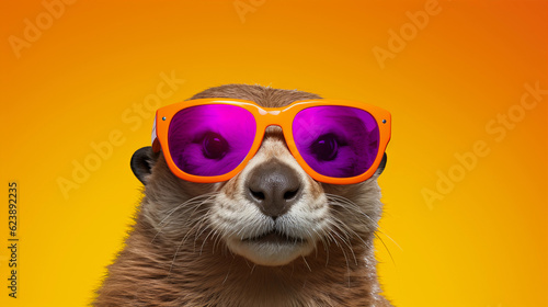 Funny and colorful Otter with sunglasses and a colorful and bright background. Summer vacation concept. generative ai