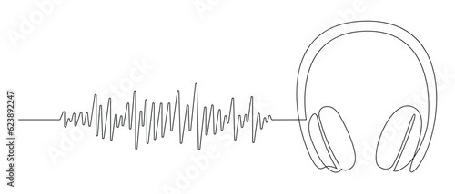 Headphones and audio track drawn in one continuous line. One line drawing, minimalism. Vector illustration.