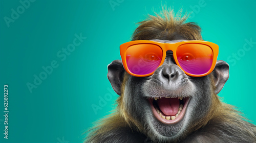 Funny and colorful Monkey with sunglasses and a colorful and bright background. Summer vacation concept. generative ai © cwiela_CH