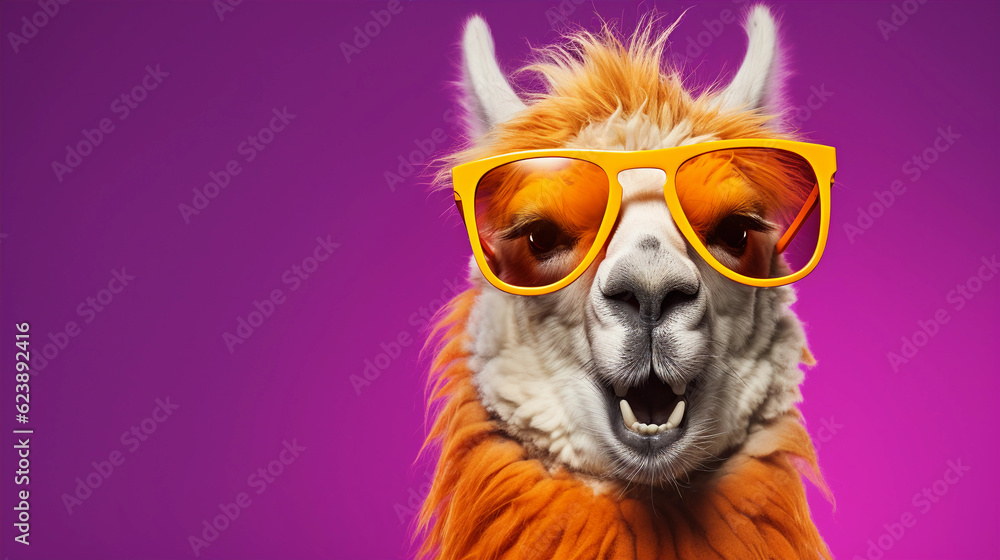 Funny and colorful Llama with sunglasses and a colorful and bright background. Summer vacation concept. generative ai Funny and colorful Llama with sunglasses and a colorful and bright background. Summer vacation concept. generative ai