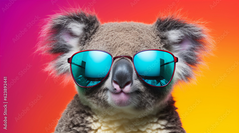 Funny and colorful Koala with sunglasses and a colorful and bright background. Summer vacation concept. generative ai