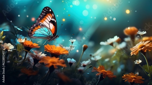 Butterfly flying over beautiful wildflowers. Created with Generative Ai technology. © Viktor