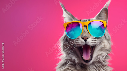 Funny and colorful Lynx with sunglasses and a colorful and bright background. Summer vacation concept. generative ai © cwiela_CH