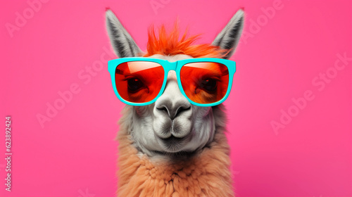 Funny and colorful Llama with sunglasses and a colorful and bright background. Summer vacation concept. generative ai