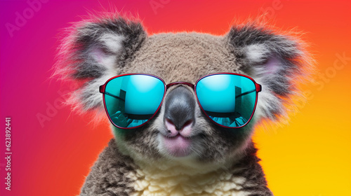 Funny and colorful Koala with sunglasses and a colorful and bright background. Summer vacation concept. generative ai
