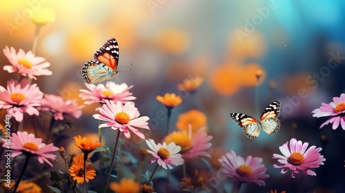 Butterfly flying over beautiful wildflowers. Created with Generative Ai technology. © Viktor