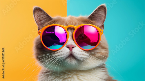 Funny and colorful Kitten with sunglasses and a colorful and bright background. Summer vacation concept. generative ai