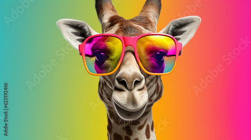 Funny and colorful Kangaroo with sunglasses and a colorful and bright background. Summer vacation concept. generative ai
