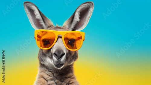 Funny and colorful Kangaroo with sunglasses and a colorful and bright background. Summer vacation concept. generative ai