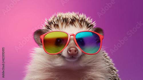 Funny and colorful Hedgehog with sunglasses and a colorful and bright background. Summer vacation concept. generative ai © cwiela_CH
