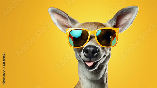 Funny and colorful Fawn with sunglasses and a colorful and bright background. Summer vacation concept. generative ai