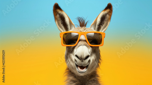 Funny and colorful Donkey foal with sunglasses and a colorful and bright background. Summer vacation concept. generative ai