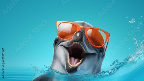 Funny and colorful Dolphin with sunglasses and a colorful and bright background. Summer vacation concept. generative ai