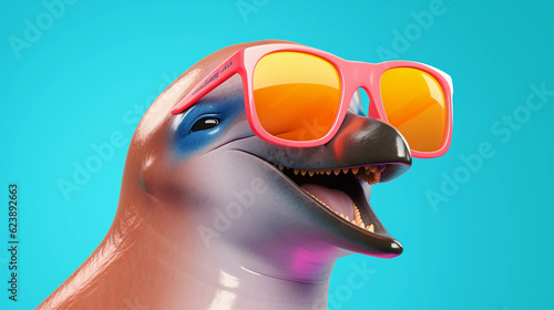 Funny and colorful Dolphin with sunglasses and a colorful and bright background. Summer vacation concept. generative ai photo