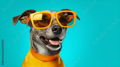 Funny and colorful Dog with sunglasses and a colorful and bright background. Summer vacation concept. generative ai © cwiela_CH