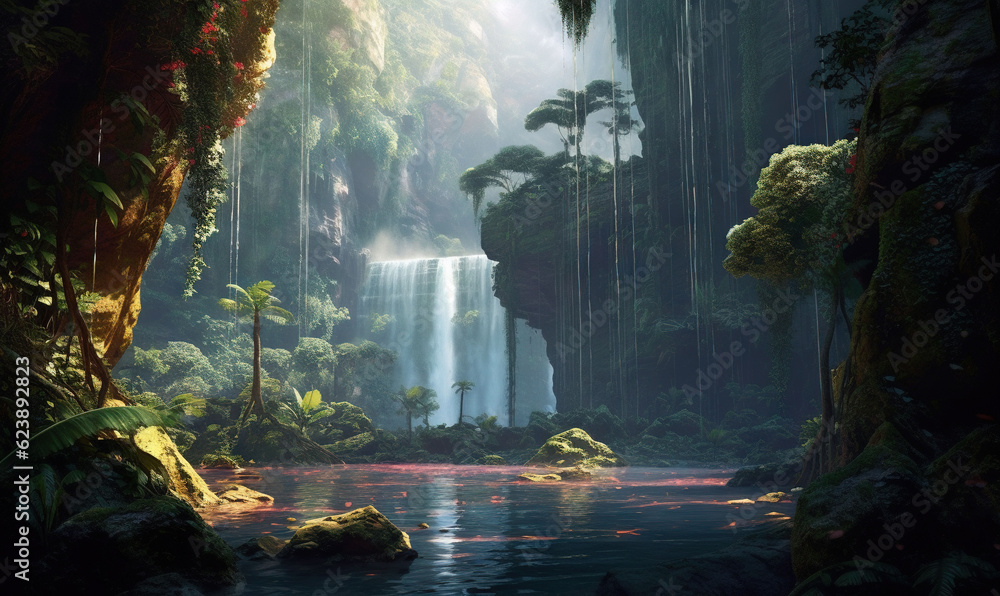  a painting of a waterfall in a tropical forest with red water.  generative ai